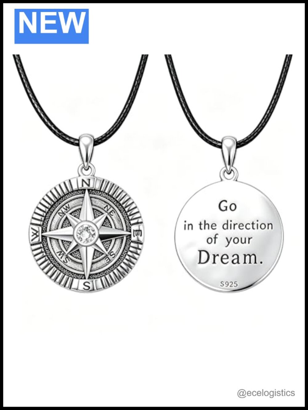 KINGWHYTE 925 Sterling Silver Compass Necklace Men Women Inspirational Gift